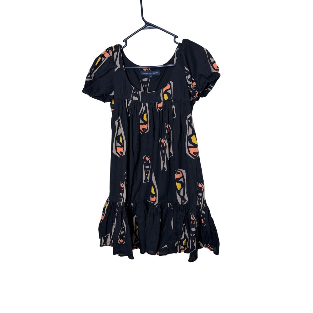French Connection Black Abstract Print Cotton Puff Sleeve Mini Dress Size 6‎